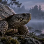 Черепаха крупным планом у туманного озера под луной