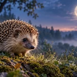 Ёжик на мшистой лесной поляне в лунном свете