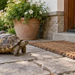 Черепаха у порога дома на садовой дорожке
