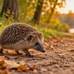 Ёжик на осенней тропинке на закате